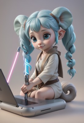 1girl,solo,long hair,looking at viewer,smile,blue eyes,animal ears,twintails,sitting,blue hair,tail,weapon,braid,horns,pointy ears,sword,twin braids,lips,aqua hair,computer,laptop,energy sword,lightsaber,blush,holding,aged down,robe,realistic,nose