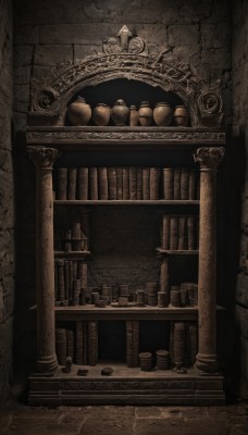 monochrome,indoors,book,no humans,bottle,scenery,stairs,bookshelf,wall,sepia,shelf,pillar,library,brown theme,jar,wood