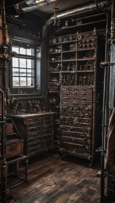 weapon,day,indoors,no humans,window,sunlight,scenery,wooden floor,stairs,door,industrial pipe,steampunk,chair,desk,clock