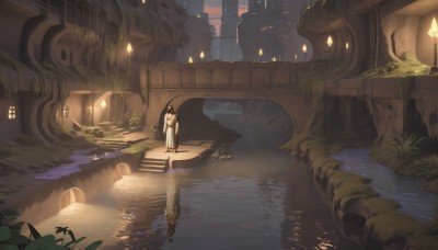 1girl,solo,long hair,black hair,dress,holding,standing,outdoors,water,white dress,tree,grass,plant,building,scenery,reflection,lantern,stairs,fantasy,candle,ruins,wide shot,bridge,river,looking at viewer,long sleeves,very long hair,horns,night,single horn,robe,vines