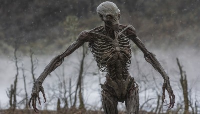 solo,looking at viewer,red eyes,1boy,standing,male focus,cowboy shot,outdoors,sky,blurry,tree,no humans,blurry background,robot,claws,1other,monster,ribs,skeleton,bare tree,bone,horror (theme),grey sky,science fiction,realistic,alien