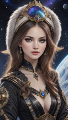 1girl,solo,long hair,breasts,looking at viewer,brown hair,hat,cleavage,brown eyes,jewelry,medium breasts,collarbone,upper body,earrings,parted lips,sky,artist name,star (symbol),lips,grey eyes,fur trim,eyelashes,cross,gem,star (sky),starry sky,gold trim,realistic,nose,red lips,space,planet,earth (planet),bangs,necklace,makeup,detached collar,forehead