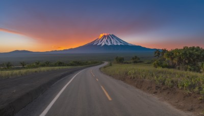 outdoors,sky,cloud,tree,no humans,grass,nature,scenery,forest,sunset,mountain,road,evening,landscape,mountainous horizon,gradient sky,orange sky,path,hill,plant,bush