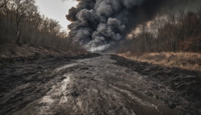 outdoors,sky,cloud,signature,tree,no humans,cloudy sky,grass,nature,scenery,forest,smoke,mountain,road,landscape,fog,water,military,military vehicle