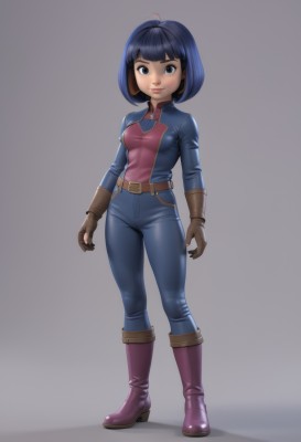 1girl,solo,breasts,looking at viewer,smile,short hair,bangs,blue eyes,simple background,black hair,gloves,brown eyes,medium breasts,closed mouth,blue hair,standing,full body,ahoge,multicolored hair,small breasts,boots,belt,pants,blunt bangs,grey background,black eyes,lips,bodysuit,bob cut,knee boots,skin tight,brown gloves,zipper,blue pants,brown belt,leather,purple footwear,denim,jeans,pink footwear,superhero