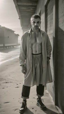 solo,looking at viewer,short hair,shirt,long sleeves,1boy,navel,jewelry,closed mouth,standing,monochrome,full body,greyscale,male focus,boots,outdoors,open clothes,shoes,pants,coat,open shirt,buttons,facial hair,pectorals,building,sneakers,hand in pocket,realistic,chest hair,nipples,artist name,muscular,abs,muscular male,bara,open coat,undercut