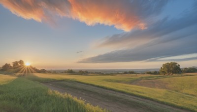 outdoors,sky,day,cloud,water,tree,blue sky,no humans,sunlight,cloudy sky,grass,nature,scenery,forest,sunset,mountain,sun,horizon,road,field,river,evening,landscape,mountainous horizon,hill,bush