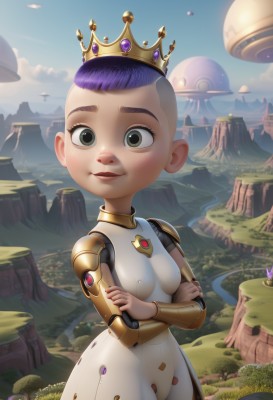 1girl,solo,breasts,looking at viewer,smile,short hair,dress,green eyes,standing,purple hair,small breasts,outdoors,parted lips,sky,day,cloud,black eyes,covered nipples,blue sky,lips,crossed arms,grass,crown,freckles,science fiction,joints,mechanical arms,mushroom,white bodysuit,cyborg,single mechanical arm,prosthesis,prosthetic arm,artist name,tree,bodysuit,mountain