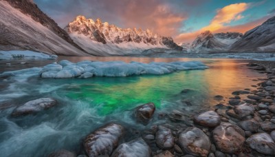 outdoors,sky,cloud,water,no humans,cloudy sky,grass,nature,scenery,reflection,sunset,rock,mountain,river,landscape,orange sky,stone,day,blue sky,ice