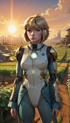 1girl,solo,breasts,looking at viewer,smile,short hair,bangs,blue eyes,blonde hair,medium breasts,standing,cowboy shot,outdoors,parted lips,sky,artist name,cloud,armor,lips,bodysuit,watermark,sunlight,grass,plant,building,skin tight,backlighting,science fiction,sunset,city,realistic,nose,arms at sides,sun,horizon,pilot suit,field,blush,flower,shoulder armor,sunrise