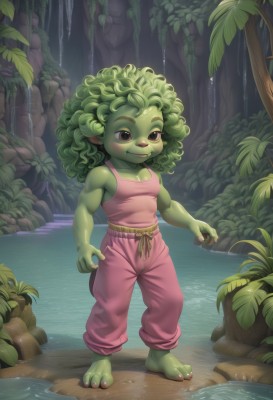 1girl,solo,breasts,smile,cleavage,brown eyes,closed mouth,standing,full body,small breasts,outdoors,green hair,barefoot,pointy ears,pants,water,tree,toes,colored skin,tank top,plant,child,nature,forest,toenails,curly hair,rock,green skin,waterfall,baggy pants,fewer digits,goblin,long hair,muscular,leaf,abs,monster girl,muscular female,pink pants,plant girl