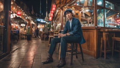 solo,looking at viewer,smile,short hair,brown hair,shirt,black hair,long sleeves,1boy,hat,sitting,jacket,white shirt,male focus,boots,outdoors,multiple boys,necktie,shoes,solo focus,pants,indoors,black footwear,cup,night,facial hair,chair,brown footwear,formal,table,suit,plant,blue jacket,building,scenery,6+boys,watch,lantern,city,wristwatch,potted plant,lamp,stool,paper lantern,shop,restaurant,cafe,pavement,multiple girls,brown eyes,jewelry,closed mouth,open clothes,collared shirt,window,bottle,denim,alcohol,drinking glass,blue headwear,cigarette,jeans,sign,realistic,blue pants,tiles,tile floor,wide shot,bar (place),lights,neon lights,vanishing point,bar stool