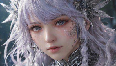 1girl,solo,long hair,looking at viewer,bangs,hair ornament,jewelry,white hair,parted lips,mole,blurry,lips,grey eyes,eyelashes,depth of field,blurry background,portrait,close-up,freckles,realistic,red lips,braid,grey hair,nose,scales