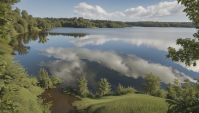 outdoors,sky,day,cloud,water,tree,blue sky,no humans,cloudy sky,grass,plant,nature,scenery,forest,reflection,mountain,river,landscape,lake,horizon,reflective water