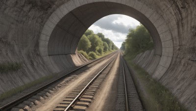 outdoors,sky,day,cloud,tree,blue sky,no humans,cloudy sky,grass,nature,scenery,forest,stairs,bridge,railroad tracks,road,bush,vanishing point