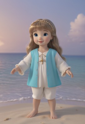 1girl,solo,long hair,looking at viewer,smile,blue eyes,brown hair,shirt,long sleeves,dress,jewelry,standing,full body,white shirt,hairband,outdoors,sky,shorts,barefoot,day,cloud,water,necklace,blurry,blue sky,lips,toes,blurry background,ocean,beach,cross,child,sand,horizon,female child,shell,seashell,blush,cloudy sky,realistic