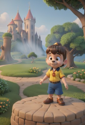 solo,smile,short hair,brown hair,shirt,1boy,brown eyes,closed mouth,standing,full body,flower,short sleeves,male focus,outdoors,sky,shoes,shorts,day,collared shirt,belt,cloud,necklace,tree,blue sky,brown footwear,grass,building,child,furry,blue shorts,yellow shirt,belt buckle,bush,furry male,male child,castle,path,looking at viewer,hat,scenery,road