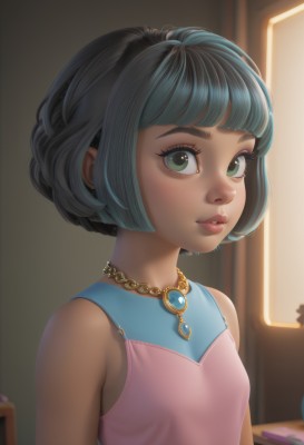 1girl,solo,breasts,looking at viewer,short hair,bangs,shirt,bare shoulders,jewelry,closed mouth,green eyes,blue hair,upper body,grey hair,small breasts,sleeveless,artist name,indoors,dark skin,blunt bangs,necklace,blurry,dark-skinned female,lips,book,eyelashes,makeup,blurry background,watermark,bob cut,gem,web address,camisole,pendant,freckles,pink shirt,pink lips,nose,black hair,dress,earrings,parted lips,sleeveless shirt,realistic