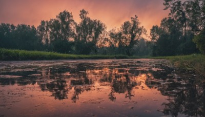 outdoors,sky,cloud,water,tree,no humans,grass,nature,scenery,forest,reflection,sunset,road,river,evening,landscape,lake,puddle,path,reflective water,gradient sky,orange sky