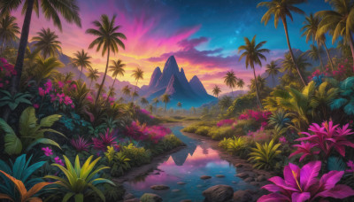 flower, outdoors, sky, cloud, water, tree, no humans, night, grass, plant, star (sky), nature, scenery, starry sky, reflection, sunset, rock, mountain, palm tree