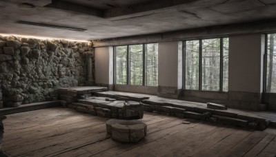 weapon,day,indoors,tree,gun,no humans,window,chair,table,sunlight,nature,scenery,couch,forest,wooden floor,log,plant,box,desk,wall,cardboard box,wooden wall,wooden table,wood