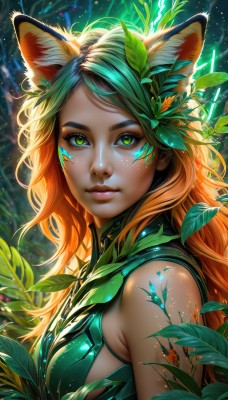 1girl,solo,long hair,breasts,looking at viewer,smile,bangs,blonde hair,hair ornament,animal ears,bare shoulders,closed mouth,green eyes,upper body,multicolored hair,green hair,sleeveless,artist name,cat ears,orange hair,armor,from side,two-tone hair,lips,animal ear fluff,eyelashes,gradient hair,makeup,glowing,leaf,watermark,facial mark,thick eyebrows,plant,web address,eyeshadow,freckles,nose,eyeliner,shiny,nail polish,blurry,parted bangs,fox ears,wavy hair,sunlight,lipstick,slit pupils,nature,light particles,close-up,forest,facepaint,green nails,mascara