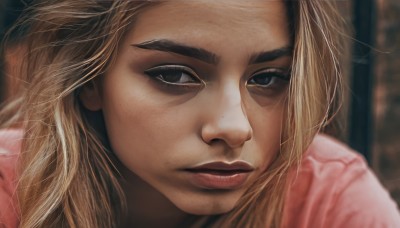 1girl,solo,long hair,looking at viewer,blonde hair,brown eyes,closed mouth,parted lips,blurry,lips,eyelashes,blurry background,thick eyebrows,portrait,close-up,freckles,realistic,nose,brown hair,depth of field