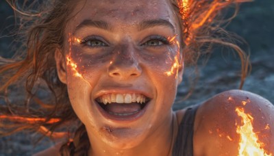 1girl,solo,long hair,looking at viewer,smile,open mouth,brown hair,brown eyes,teeth,lips,floating hair,tank top,fire,portrait,close-up,freckles,realistic,nose,bare shoulders,green eyes,braid,orange hair,blurry,eyelashes,piercing,dirty,dirty face,sparks