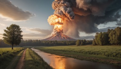 outdoors,sky,day,cloud,water,tree,blue sky,no humans,sunlight,cloudy sky,grass,fire,nature,scenery,forest,reflection,sunset,monster,mountain,fantasy,river,landscape,lake,smoke,road,explosion