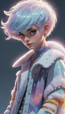 1girl,solo,looking at viewer,short hair,bangs,blue eyes,simple background,long sleeves,jewelry,blue hair,jacket,upper body,earrings,parted lips,open clothes,artist name,necklace,sweater,lips,coat,grey eyes,fur trim,eyelashes,makeup,buttons,swept bangs,watermark,scar,piercing,lipstick,androgynous,freckles,nose,hands in pockets,winter clothes,red lips,stud earrings,winter coat,blush,green eyes,striped,turtleneck,thick eyebrows,web address,backlighting,open coat,pink lips,eyeliner,very short hair,mascara