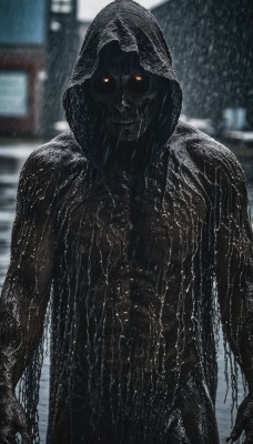 solo,looking at viewer,red eyes,1boy,standing,male focus,cowboy shot,outdoors,hood,blurry,wet,orange eyes,mask,muscular,blurry background,glowing,abs,building,glowing eyes,cloak,hood up,rain,city,closed mouth,upper body,depth of field,colored sclera,monster,black sclera,hooded cloak,black cloak,black skin,black robe