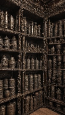 monochrome,indoors,book,no humans,bottle,scenery,wooden floor,stairs,bookshelf,architecture,sepia,shelf,statue,library,brown theme,barrel,chandelier,jar,shop,loaded interior