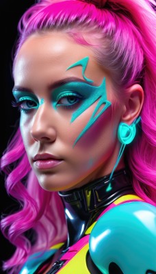 1girl,solo,long hair,looking at viewer,blue eyes,jewelry,ponytail,pink hair,earrings,parted lips,lips,eyelashes,bodysuit,makeup,facial mark,high ponytail,lipstick,black background,portrait,eyeshadow,realistic,nose,eyeliner,facepaint,hair pulled back,mascara,k/da (league of legends),simple background,artist name,from side,science fiction,earphones,facial tattoo,cyberpunk,earpiece