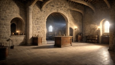 HQ,indoors,no humans,window,chair,table,sunlight,fire,scenery,light rays,stairs,door,light,lamp,candle,wall,torch,church,candlestand,chandelier,fireplace,plant,wooden floor,potted plant,statue,arch,barrel