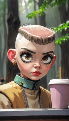 1girl,solo,looking at viewer,blush,short hair,brown hair,1boy,brown eyes,jewelry,male focus,multicolored hair,earrings,outdoors,blurry,tree,cup,lips,makeup,lipstick,bandaid,zipper,drinking straw,bandaid on face,red lips,stud earrings,very short hair,disposable cup,undercut,jacket,eyelashes,portrait,mohawk