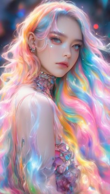 1girl,solo,long hair,looking at viewer,blue eyes,blonde hair,bare shoulders,jewelry,closed mouth,blue hair,upper body,pink hair,multicolored hair,earrings,artist name,orange hair,blurry,from side,two-tone hair,lips,see-through,grey eyes,eyelashes,makeup,depth of field,blurry background,wavy hair,expressionless,gem,eyeshadow,pink lips,nose,colorful,rainbow hair,white hair,streaked hair,aqua hair,watermark,facial mark,forehead,crystal,realistic