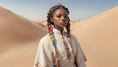 1girl,solo,long hair,looking at viewer,brown hair,black hair,hair ornament,long sleeves,brown eyes,jewelry,upper body,braid,multicolored hair,outdoors,parted lips,sky,day,dark skin,twin braids,two-tone hair,dark-skinned female,blue sky,lips,realistic,nose,sand,desert,multiple braids,blonde hair,dress,closed mouth,blue hair,earrings,forehead,arms at sides,very dark skin,dreadlocks