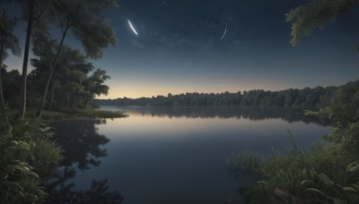 outdoors,sky,cloud,water,tree,no humans,night,grass,plant,star (sky),nature,night sky,scenery,forest,starry sky,reflection,river,lake,shooting star,moon,sunset,crescent moon,landscape,reflective water