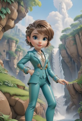 1girl,solo,looking at viewer,smile,short hair,blue eyes,brown hair,shirt,long sleeves,jewelry,standing,jacket,white shirt,earrings,outdoors,sky,day,pants,artist name,cloud,water,necklace,nail polish,tree,blue sky,lips,hand on hip,buttons,leaf,watermark,formal,suit,grass,plant,child,pendant,hand in pocket,rock,blue pants,waterfall,cliff,lipstick