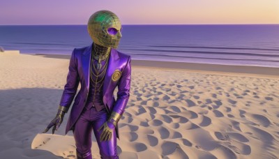 solo,shirt,gloves,long sleeves,1boy,jewelry,standing,jacket,male focus,outdoors,open clothes,necktie,pants,water,necklace,vest,ocean,beach,formal,suit,robot,sand,horizon,purple jacket,purple pants,desert,humanoid robot,footprints,purple eyes,looking to the side,glowing,purple gloves,open hands