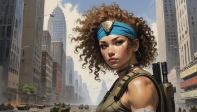 1girl,solo,breasts,looking at viewer,brown hair,brown eyes,jewelry,upper body,weapon,earrings,outdoors,parted lips,sky,choker,day,dark skin,bag,vest,dark-skinned female,tree,lips,gun,military,makeup,headband,bandages,backpack,lipstick,ground vehicle,building,motor vehicle,rifle,smoke,curly hair,hoop earrings,city,nose,car,dirty,skyscraper,very dark skin,post-apocalypse,muscular,handgun,realistic,military vehicle,road,helicopter