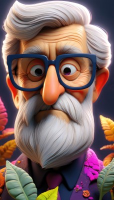 solo,looking at viewer,shirt,1boy,purple eyes,upper body,flower,white hair,grey hair,male focus,necktie,glasses,collared shirt,black eyes,facial hair,leaf,portrait,beard,black-framed eyewear,realistic,mustache,purple shirt,old,old man,wrinkled skin,artist name,formal,suit,red necktie