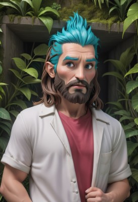 solo,looking at viewer,blue eyes,brown hair,shirt,1boy,closed mouth,blue hair,jacket,upper body,short sleeves,male focus,multicolored hair,outdoors,open clothes,medium hair,two-tone hair,facial hair,leaf,scar,thick eyebrows,plant,red shirt,beard,mature male,realistic,mustache,manly,old,old man,wrinkled skin,blush,white shirt,artist name,lips,aqua hair,buttons,pocket,pink shirt,nose,breast pocket