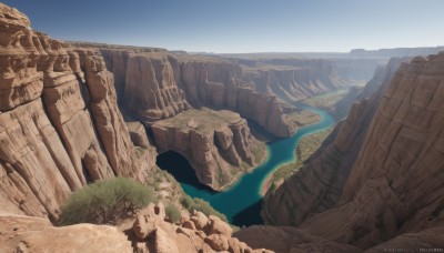 solo,outdoors,sky,day,water,tree,blue sky,no humans,watermark,grass,scenery,rock,mountain,sand,river,landscape,desert,cliff,web address,fantasy,horizon,waterfall