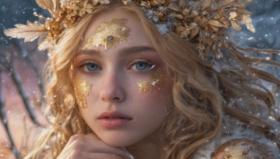 1girl,solo,long hair,looking at viewer,blue eyes,blonde hair,hair ornament,parted lips,artist name,blurry,lips,eyelashes,depth of field,blurry background,feathers,portrait,snow,close-up,freckles,snowing,realistic,nose,winter,tree,crown,gold