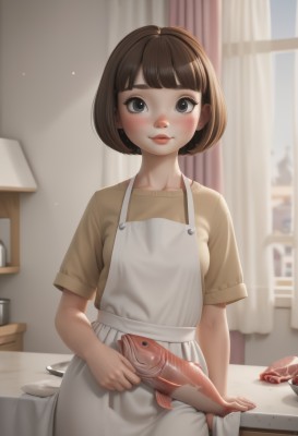 1girl,solo,breasts,looking at viewer,blush,short hair,bangs,blue eyes,brown hair,shirt,closed mouth,standing,collarbone,short sleeves,small breasts,food,indoors,blunt bangs,blurry,apron,lips,window,blurry background,table,bob cut,curtains,white apron,plate,freckles,fish,futanari,brown shirt,meat,kitchen,holding,sitting,day,black eyes,eyelashes,animal,knife,yellow shirt,nose,straight-on,kitchen knife,cutting board