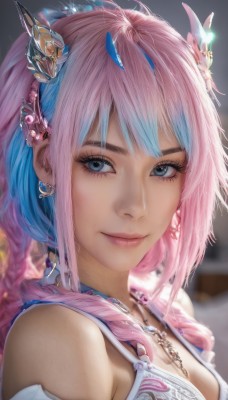 1girl,solo,long hair,breasts,looking at viewer,smile,bangs,blue eyes,hair ornament,cleavage,bare shoulders,jewelry,medium breasts,closed mouth,blue hair,upper body,pink hair,multicolored hair,earrings,horns,necklace,blurry,two-tone hair,lips,grey eyes,eyelashes,makeup,blurry background,piercing,crescent,portrait,realistic,nose,mascara,sidelocks,artist name,gradient hair,close-up