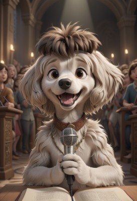 1girl,looking at viewer,smile,open mouth,multiple girls,brown hair,holding,animal ears,brown eyes,jewelry,sitting,teeth,solo focus,tongue,artist name,indoors,necklace,blurry,collar,book,depth of field,blurry background,fangs,chair,table,dog ears,microphone,furry,dog,open book,furry female,music,candle,body fur,singing,white fur,upper body,claws,faceless,holding microphone,pencil,fur,brown fur