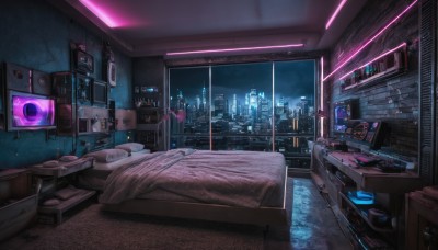 sky,indoors,cup,pillow,book,no humans,window,bed,night,on bed,chair,table,curtains,building,night sky,scenery,science fiction,wooden floor,city,clock,lamp,cityscape,cable,computer,bedroom,television,monitor,laptop,skyscraper,speaker,city lights,hospital bed,cloud,bottle,box,desk