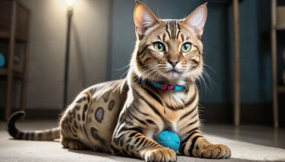 HQ,solo,looking at viewer,green eyes,full body,indoors,blurry,collar,no humans,depth of field,blurry background,animal,mouth hold,cat,realistic,animal focus,whiskers,lying,bowtie,on stomach,red collar